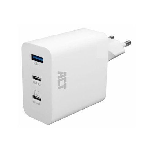 ACT netspanningsadapter - USB type A, 2x USB-C - 65 Watt ACT netspanningsadapter - USB type A, 2x USB-C - 65 Watt